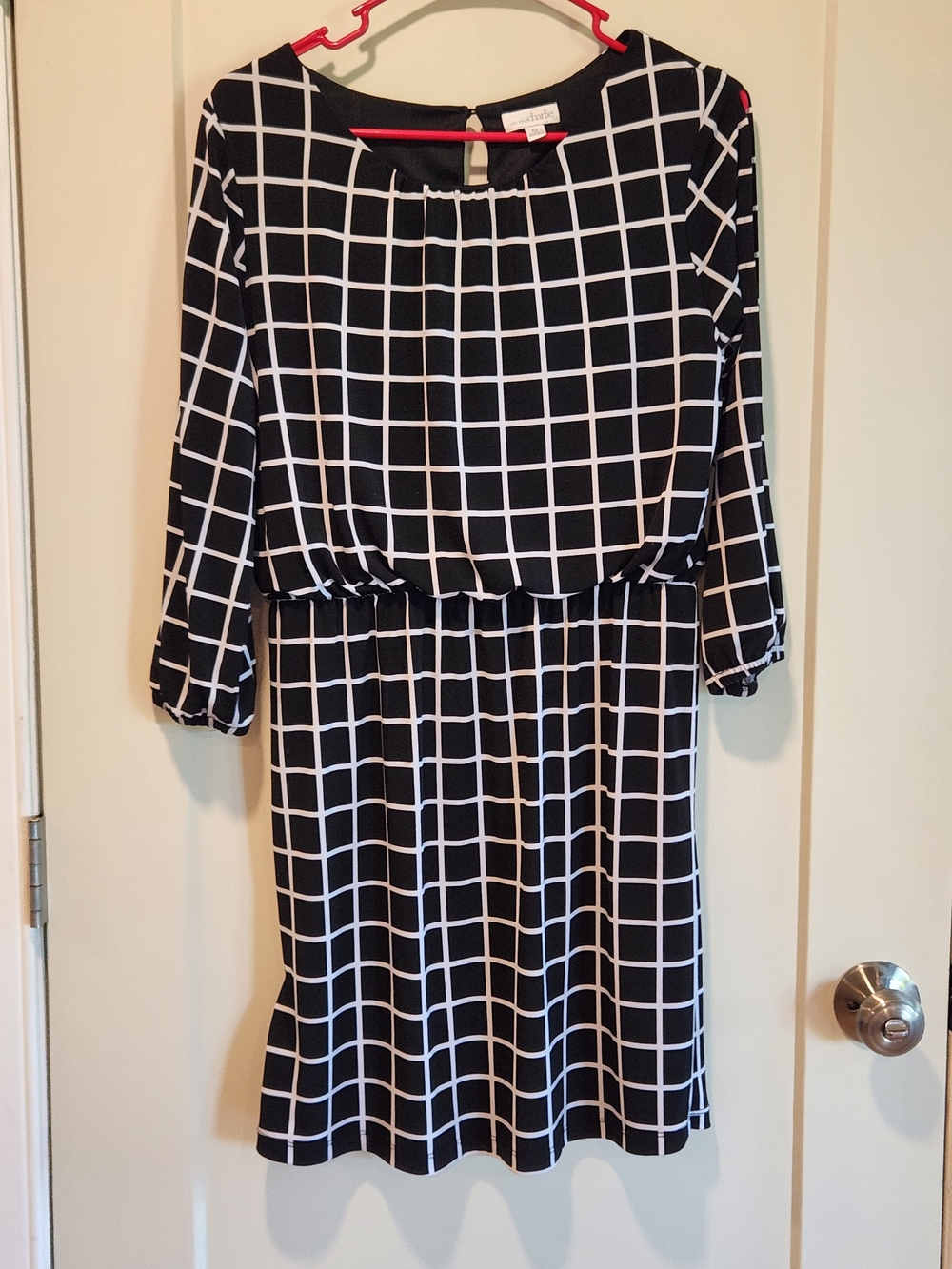 Charming Charlie Windowpane Grid Print Elastic Waist Split-Sleeve Dress Medium M
